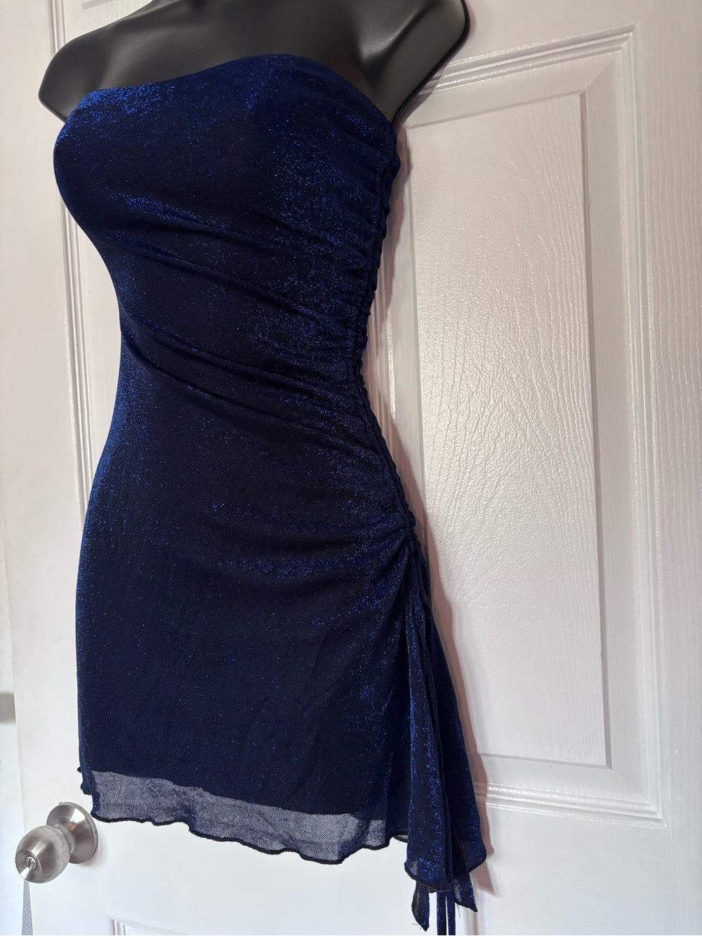 Princess Polly Talia Metallic Ruched Strapless Mini Dress Blue 0